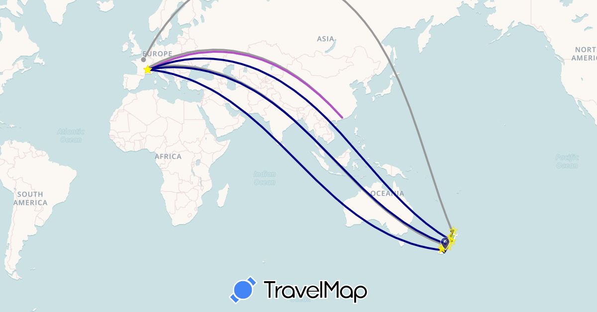 TravelMap itinerary: driving, plane, train, boat in China, France, New Zealand (Asia, Europe, Oceania)